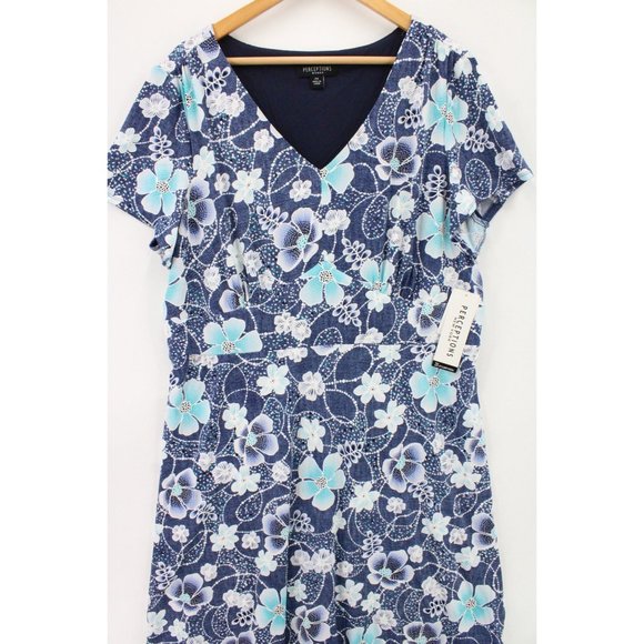 Perceptions New York Dress Womens Blue Floral Short Sleeve Denim/Turo V Neck 2XL - Picture 3 of 10